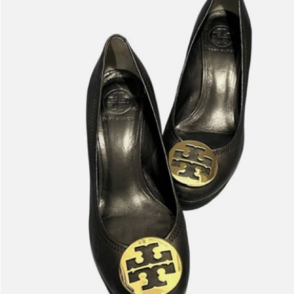 Tory Burch Black Leather Chelsea Wedge Pump with Gold Logo